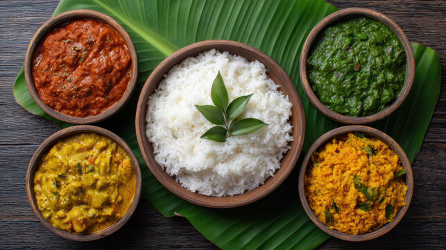 A vibrant platter featuring white rice surrounded by colorful curries, showcasing a variety of flavors and textures, set on a natural leaf backdrop.
