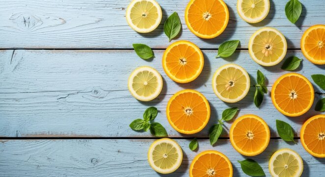 Sliced oranges and lemons with green leaves scattered on a light blue wooden surface citrus fruit