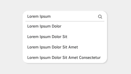 Search bar ui window with a drop-down suggestion list appears directly beneath the search bar vector illustration.