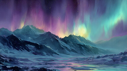 Naklejka premium Vibrant Aurora Borealis over Mountain Range at Night