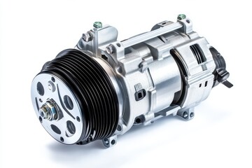 Silver and black color automotive air conditioning compressor isolated on white background