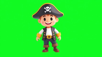 A charming, digitally rendered cartoon pirate character stands against a vibrant green backdrop, ready for adventure on the high seas.