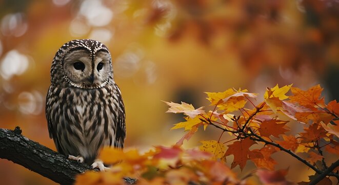 Barred Owl Perched on Autumn Branch Amidst Golden Foliage