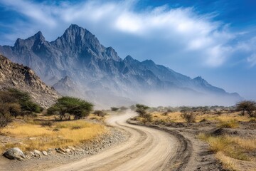 Dusty mountain road winding through a desert landscape.