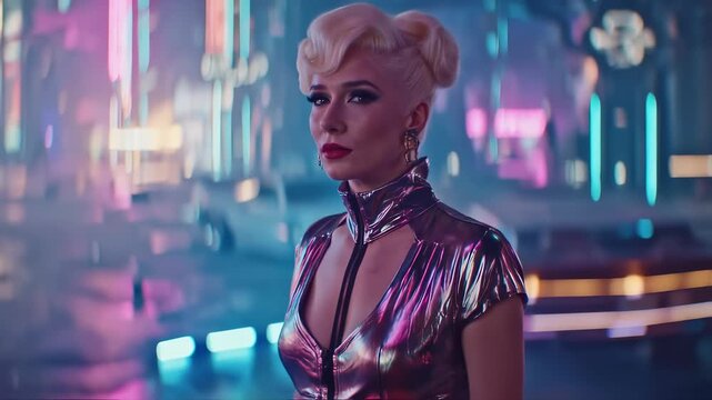 A stylish young woman with blonde retro hair and a metallic top stands alluringly in a vibrant neon-lit futuristic city street at night with blurred bokeh lights.