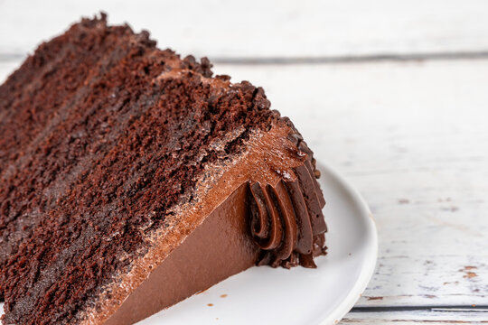 Closeup of a slice of chocolate cake with chocolate frosting 
