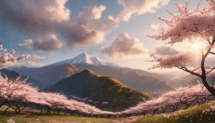 Majestic Mount Fuji with Blooming Cherry Blossoms