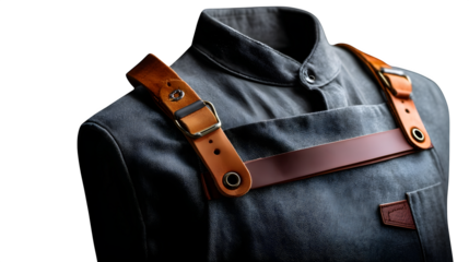 Stylish denim apron with rich leather straps embodies modern craftsmanship and professional culinary appeal for chefs and artisans. Isolated to Transparent Background