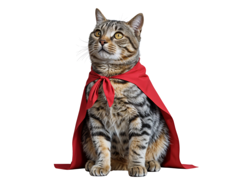 Tabby cat wearing red superhero cape
