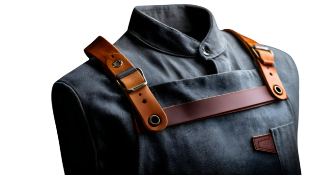 Stylish denim apron with rich leather straps embodies modern craftsmanship and professional culinary appeal for chefs and artisans. Isolated to Transparent Background