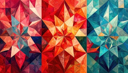 Geometric Abstract Fractal Pattern In Vibrant Red Orange and Blue Tones Displaying Star Like Forms and Reflective Crystal Structures