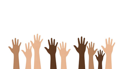 Obraz premium Illustration of diverse multicultural hands raised up together. Concept of volunteering, participation, community, and racial equality.