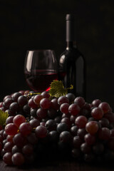 Fototapeta premium Wine and grapes depicted in a strong moody style with gentle soft light, low contrast, diffused shadows, and subtle illumination