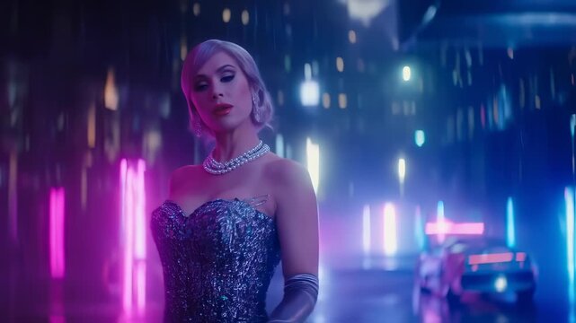 A sophisticated woman in a shimmering strapless gown and long silver gloves stands on a wet city street at night, illuminated by vibrant neon lights and a futuristic vehicle, creating a striking neon.