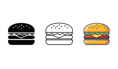 Burger Icons in Different Styles Black Silhouette Outline and Colored Illustration Representing Fast Food Meal Options and Culinary Design Elements on White Background