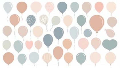 Collection of Softly Colored Balloons in Various Shapes Against a White Background