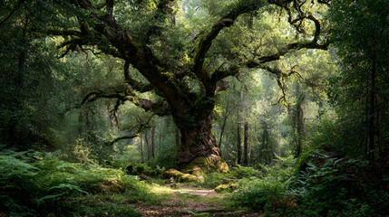 Obraz premium Ancient Majestic Oak Tree in Lush Green Forest