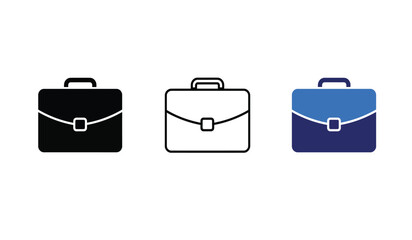 Briefcase icon set symbolizing business finance work and professional endeavors in three distinct styles black filled outline and two tone blue color