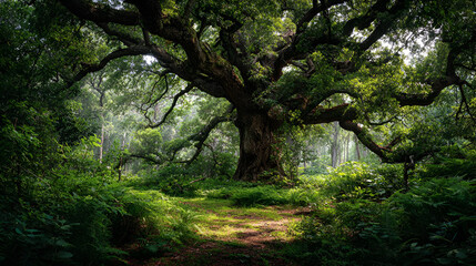 Obraz premium Ancient Oak Tree in Lush Forest Sunlight Dappled Path