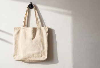 Beige Tote Bag Hanging on Wall, Minimalist Style