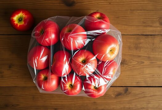 Overhead shot of red apples in a plastic bag on a wooden table, apples,  healthy