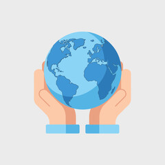 Hands holding a blue planet earth against a light background.