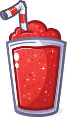 Bright red cartoon cherry flavored slushie in a clear cup with striped straw, icy frozen drink with sparkling texture, fun summer dessert illustration