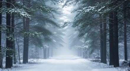 Snow covered pine forest path with fog and light winter trees