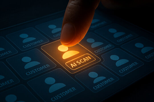 Finger pressing a glowing ai scan button on a digital interface with user icons - Powered by Adobe