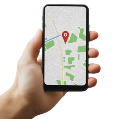 A hand holding a smartphone with a GPS navigation app, a concept of online travel and finding a route on a digital city map