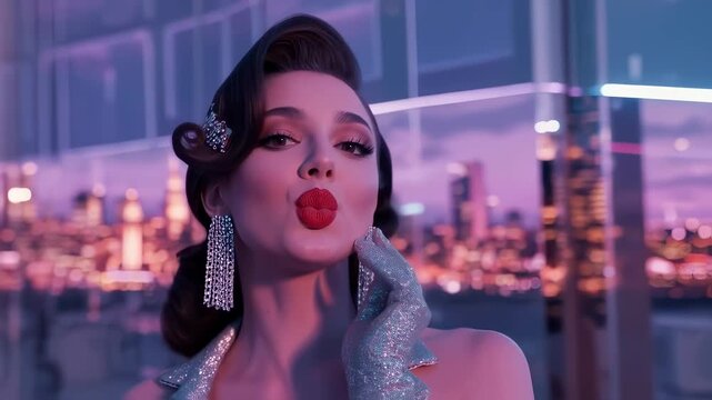 A stylish woman with a retro hairstyle and sparkling accessories poses alluringly against a vibrant neon cityscape, blowing a kiss in a futuristic setting.