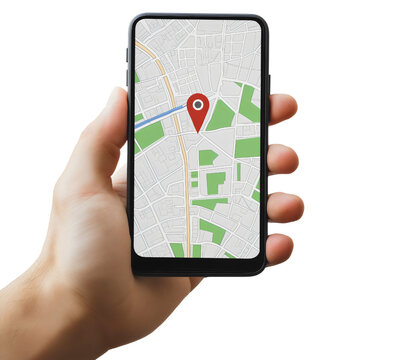 A hand holding a smartphone with a GPS navigation app, a concept of online travel and finding a route on a digital city map