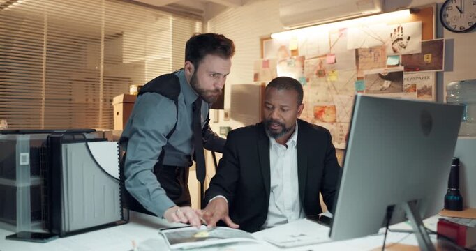 Men, map and night with private investigation on computer for lead, research or start trace. Male people, officer or detective working late together with evidence for crime scene or tracking killer