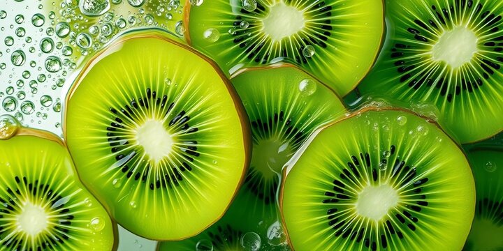 Vibrant green kiwi slices submerged in water, droplets clinging, colorful, glossy