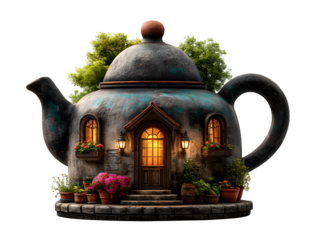 Whimsical teapot house with glowing windows, charming doorway, and lush greenery, evoking a fairytale enchantment and cozy home. Isolated to Transparent Background