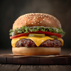Mouthwatering Cheeseburger Delight: An appetizing close-up of a gourmet cheeseburger, featuring a juicy beef patty, melted cheese, crisp lettuce, and fresh tomato slices.