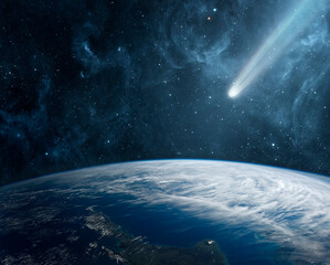 Comet, asteroid, meteorite flying to the planet Earth.  Glowing asteroid and tail of a falling comet threatening the safety of the Earth.  Elements of this image furnished by NASA. © Tryfonov