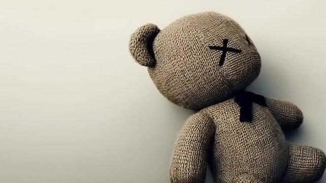 Textured Fabric Teddy Bear with Embroidered Eyes, Close Up Studio Still Life