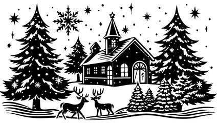 Obraz premium Winter christmas scene with deer trees house snowflake and stars holiday season vector illustration design vector illustration