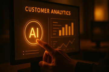 Hand interacting with ai powered customer analytics dashboard on screen