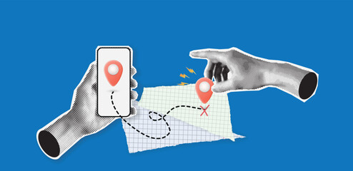 Retro collage with hands and map. Halftone hand holds map points