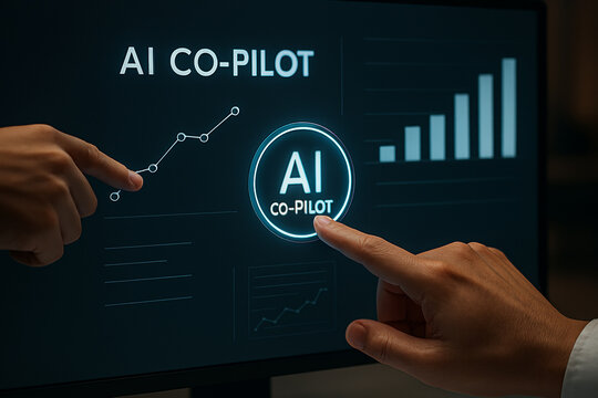Hands pointing at ai co pilot interface with growth chart and data visualization