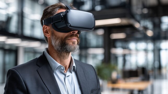 Mature businessman in suit experiencing virtual reality technology in contemporary office setting. Professional VR application concept for business innovation and digital transformation.