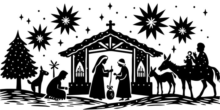 Christmas nativity scene silhouette christmas tree stars christmas scene holy family christmas decoration vector art vector illustration