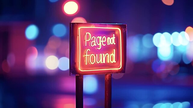 Glowing neon sign with the error message page not found stands against a blurred backdrop of city lights at night, suggesting a website or digital resource being unavailable