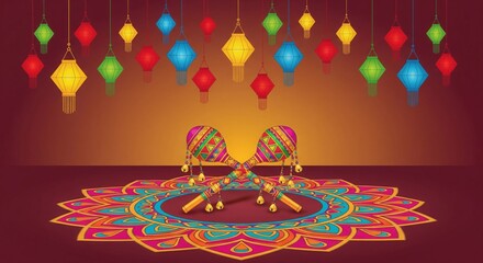 Obraz premium Festive Navratri Stage with Lanterns and Rangoli – Colorful Vector Art