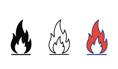 Three stylized flame icons representing fire in black silhouette outline and red color variations isolated on white background