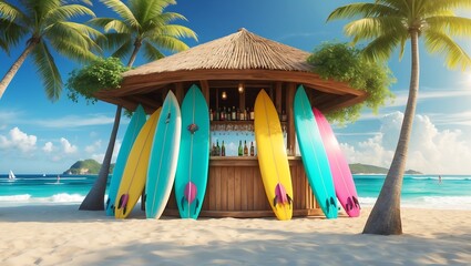 Tropical beach bar with surfboards and palm trees a summer vacation travel destination paradise getaway on transparent background