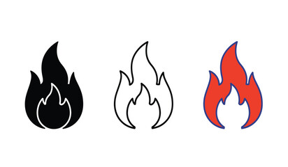 Three stylized flame icons representing fire in black silhouette outline and red color variations isolated on white background