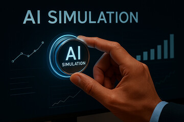 Hand adjusting ai simulation dial with futuristic data visualization
